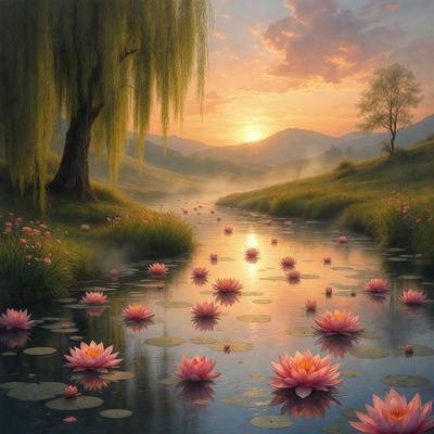 The primary subject of the image is a serene scene of a river surrounded by a lush green field. The river is filled with water lilies, creating a beautiful and peaceful atmosphere. The setting is a natural environment, with the sun shining on the water and the surrounding grass. The visual style of the image is a painting, which adds to the overall mood of tranquility and beauty. The dominant colors in the painting are shades of green, blue, and pink, which contribute to the calming and so